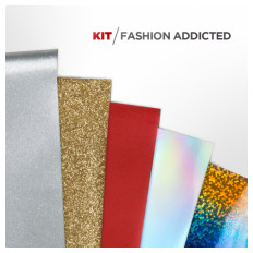 Product picture: Flex Fashion addicted KIT (5 × metalic and glitter colors, 30 × 50cm) + foil removal needle + color chart