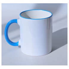 Slika izdelka: Bela skodelica za sublimacijo s svetlo modrim obarvanim robom in ročajem OZ11 - 48kos  